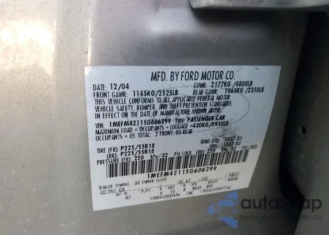 2005 Mercury Montego Premier from USA, damaged, VIN 1MEFM42115G606299